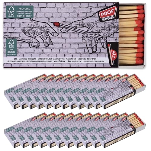 PROF Lot de 6000 Allumettes, 24 Boîtes de 250 Allumettes, Longueur 4,7 cm, Compactes et Pratiques pour Cuisine, Bougies, Anniversaire, Usage Quotidien, Camping,...
