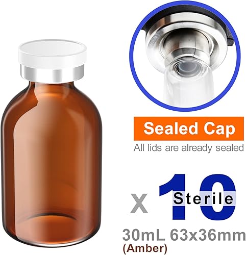 Miniatura 2 de ZHANXUBIO Viales vacíos estériles con puerto de inyección autorreparable y tapa de plástico de aluminio, paquete estéril (10 unidades de ámbar de