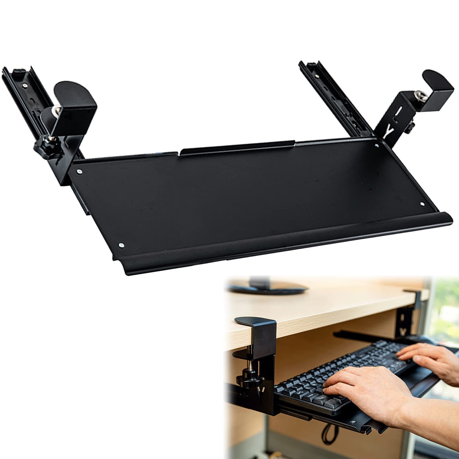 CVJdfhRE desk extender， Under Desk Keyboard Tray With C-Clamp Easy To Fix, All Metal Material Black/White, For Wrist Rests, Extender(Black)
