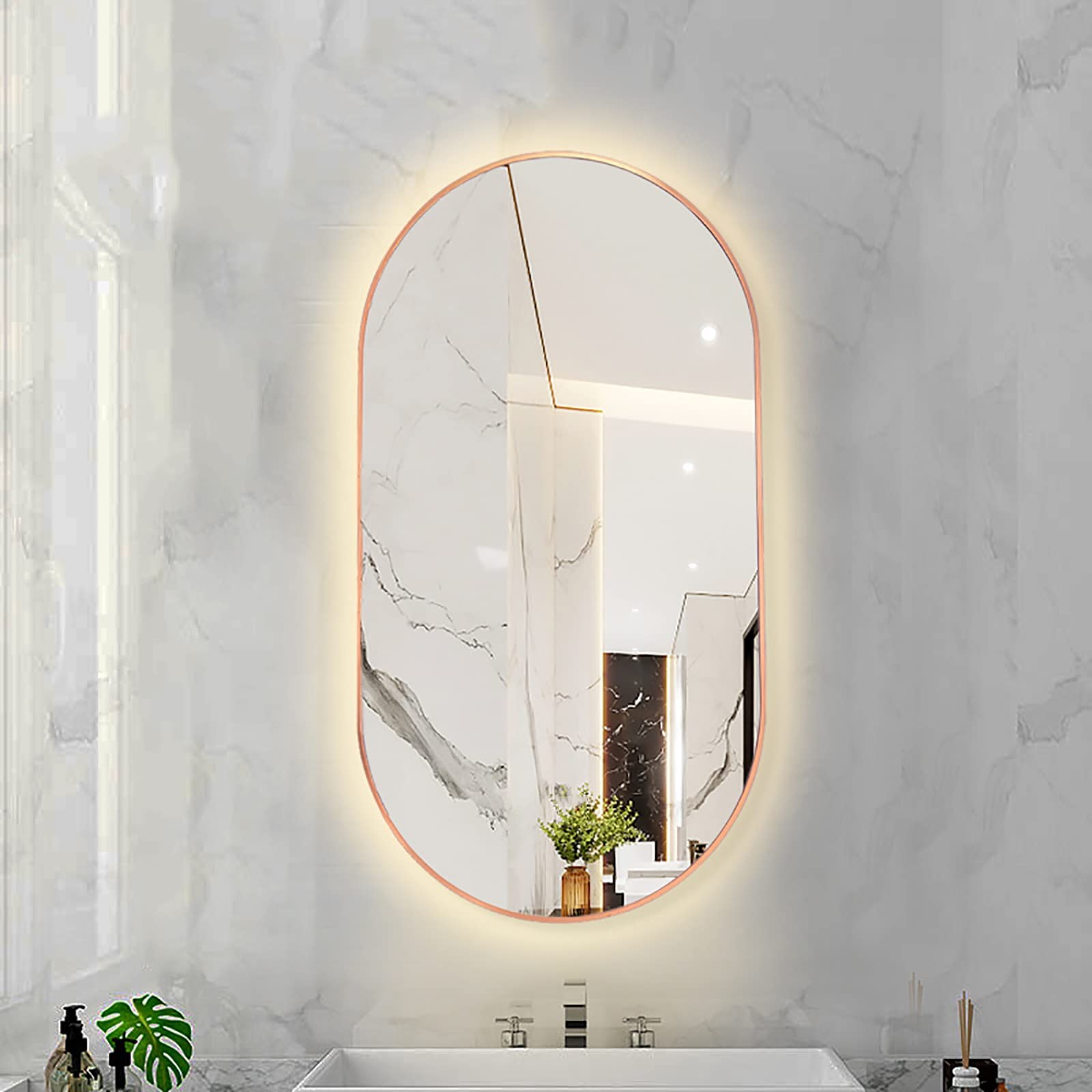 FGXHHS LED Oval with Metal Frame, Backlit Illuminated Lighted Wall Hanging Vanity for Bedroom Entryway (Color : Rose Gold - Warm Light, Size 40X80CM)