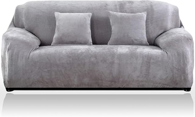 Teynewer Thick Velvet Sofa Covers 1 2 3 4 Seater High Stretch Non-Slip Couch Cover Furniture Protector Plush Sofa Slipcovers with 1 pillowcase for Living Room Dogs Cats Pet (2 Seater, Light Grey)