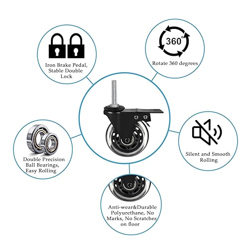 Miniatura 2 de MALLLALA Ruedas giratorias de 3 pulgadas con bloqueo doble de seguridad, vástago roscado resistente, ruedas de 38 a 16 x 1.5 pulgadas, ruedas de