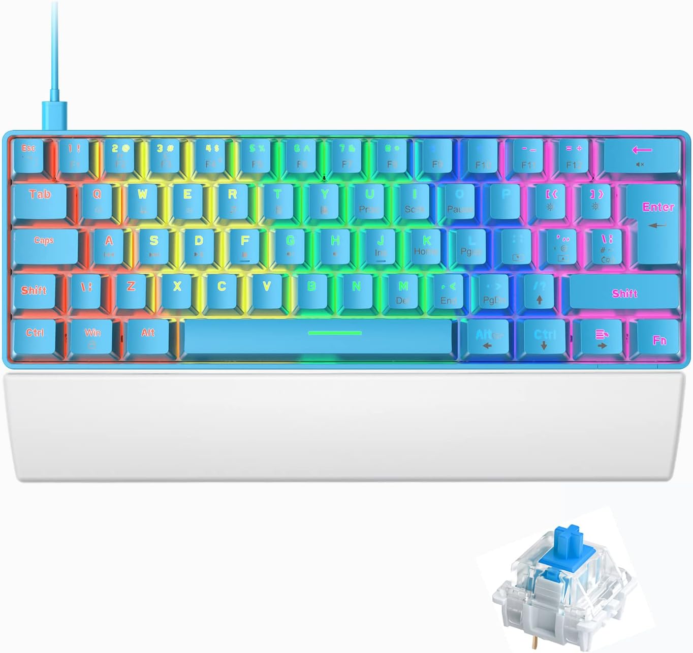 UK Layout Wired Gaming Keyboard with Wrist Rest Support, 60% Mechanical Keyboard 19 RGB Chroma Backlit 62 Keys Anti-Ghosting Ergonomic Keyboard Wrist Cushion Pad with Memory Foam-Blue/Blue Switch