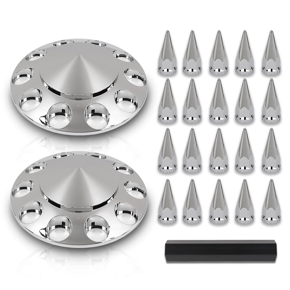 G-PLUS Front Wheel Covers Set Chrome Hub Cover 33mm Spiked Hub Axle Compatible with Semi-Truck 20",22.5" and 24.5" Wheels ABS Plastic Silver Pair