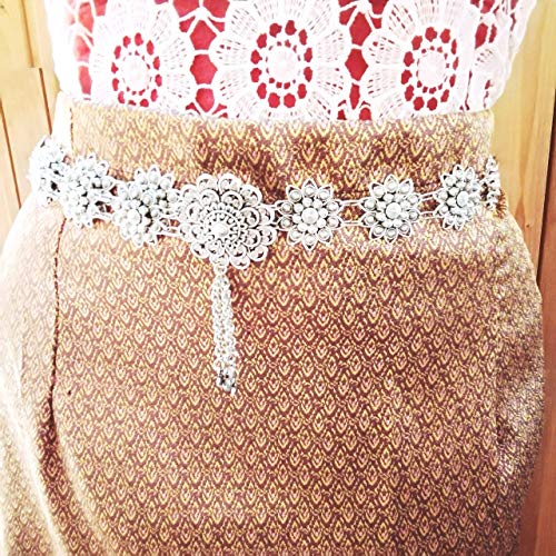 Silver Metal Thai Belt Lotus Flower Plate Thailand Costume Wedding Dance Women For Dress Skirt Sarong Vintage Style Traditional Length 40 Inches Adjustable Size 1 Piece4