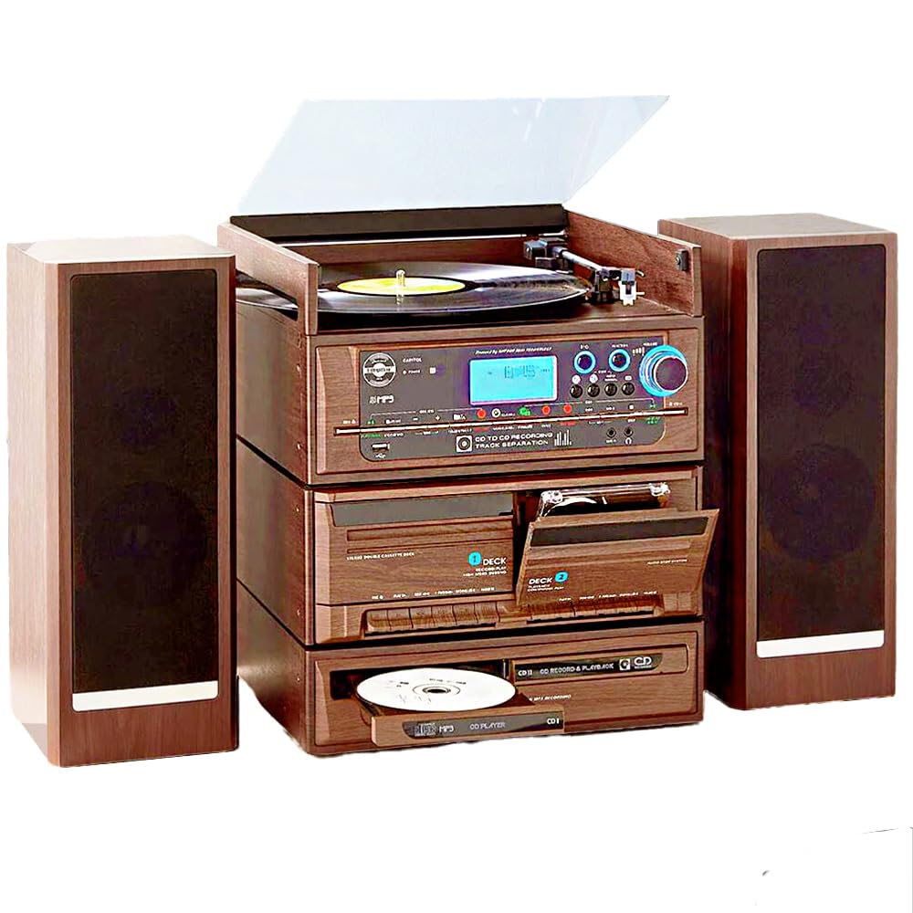 Steepletone Capitol (2023) Vinyl Record Player CD RECORDING Music Centre, Audio Retro Compact Stereos, Modular Stack System, Twin Cassette, USB, FM, AUX, Remote, Amp/Speakers (Wood Effect/Black)