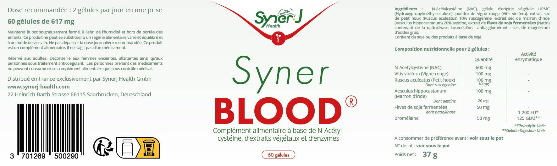 SynerBLOOD | Complément Circulatoire Naturel | NAC, Vigne Rouge, Petit Houx, Marron d’Inde, Nattokinase, Bromélaïne | 60 Gélules | 1 Mois | SynerJ Health