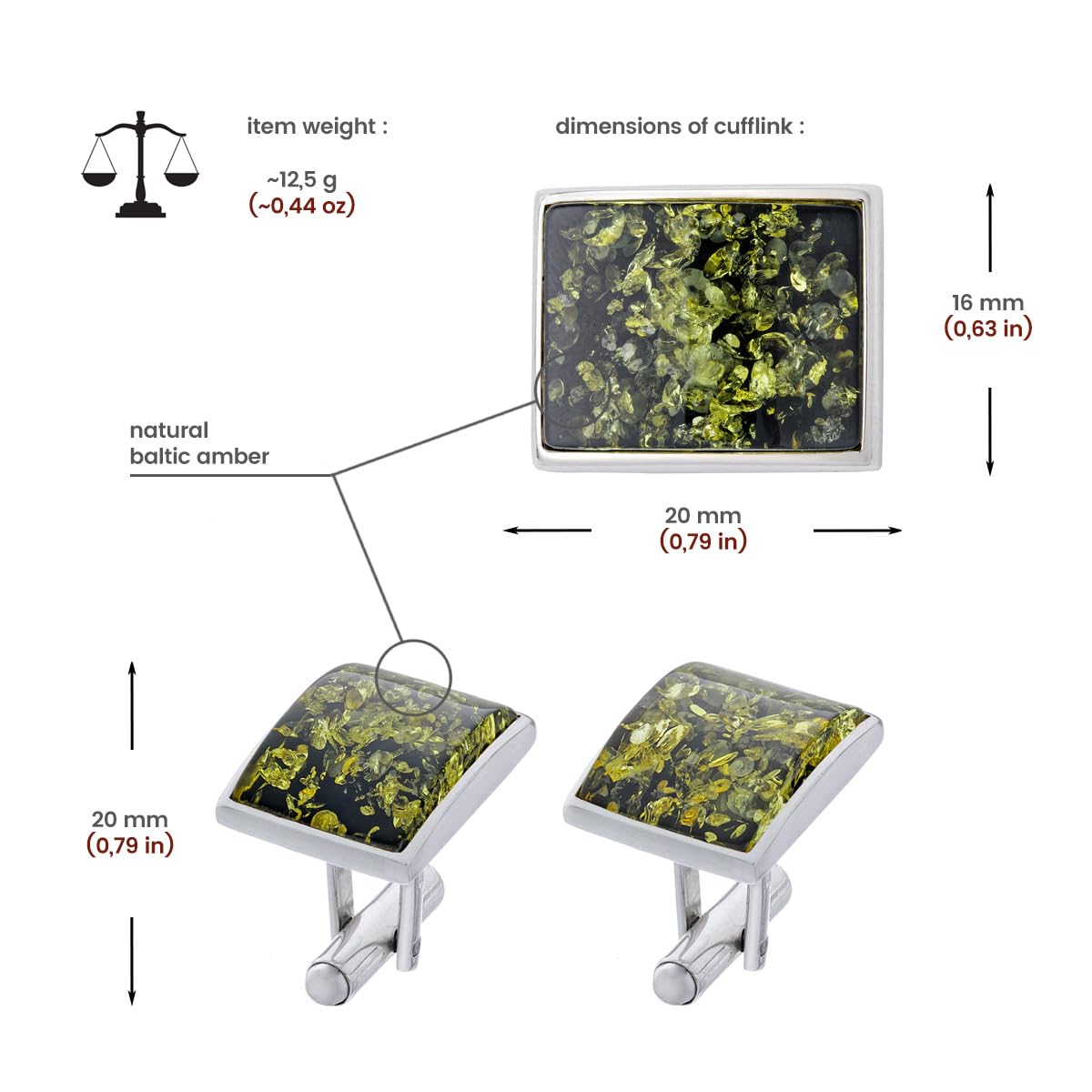 Herren Manschettenknöpfe aus Silber mit Bernstein, moderne rechteckige Form, poliertes Sterling Silber, Natur Bernstein in Grün Farbe, Geschenkidee