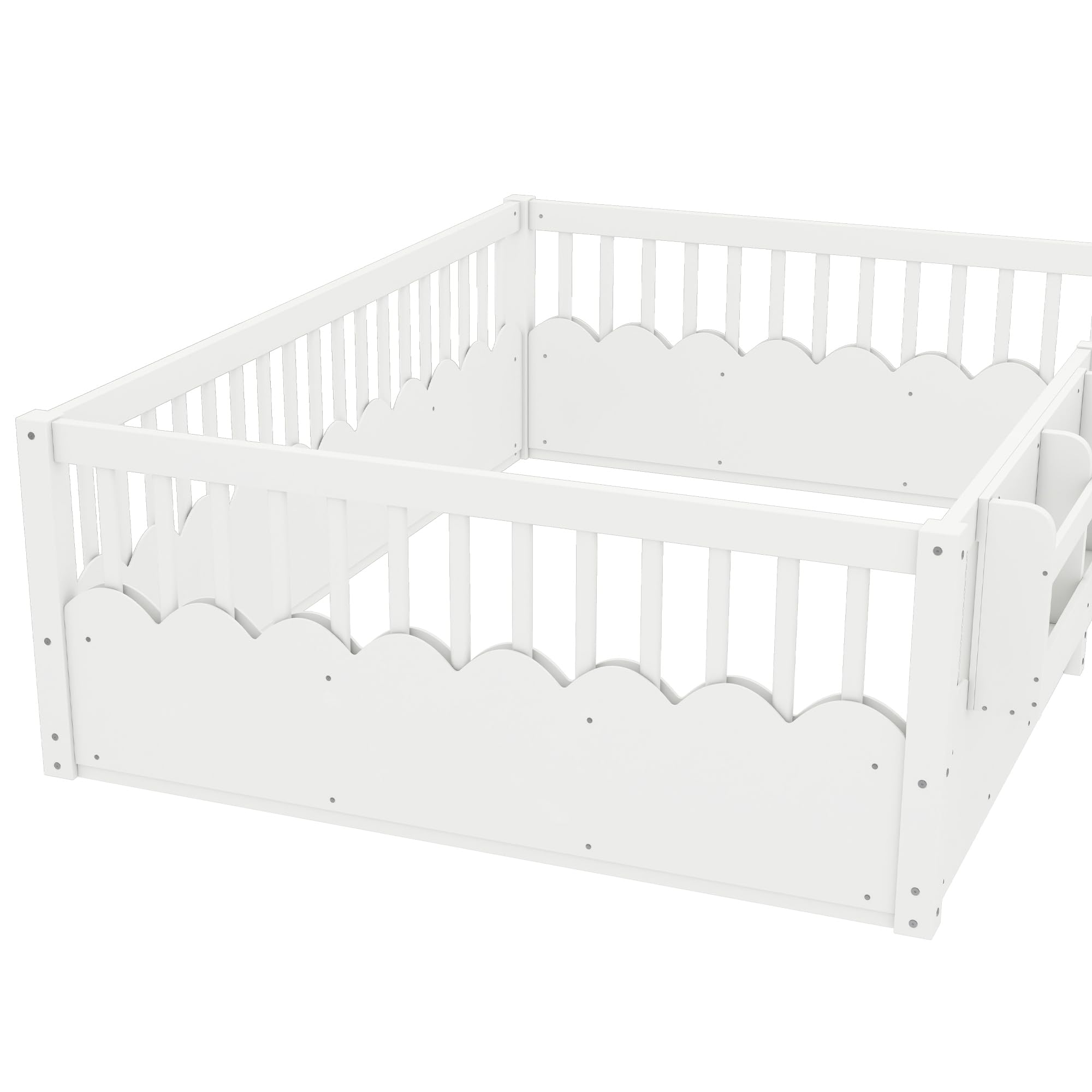 Full Size Floor Bed with Bookshelves, Wood Kids Floor Bed with Upgraded Guardrails and Slats, Montessori Floor Bed Frame for Kids, Boys, Girls, Childlike and No Spring Box Needed Design, White