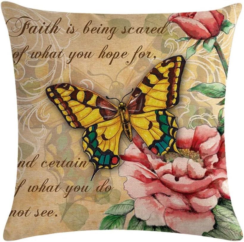 Flower Butterfly Decorative Pillow Covers Cotton Linen Spring Throw Pillow Covers Set of 4 Square Farmhouse Cushion Covers 18x18 inch, 4 Packs (Flower Butterfly)