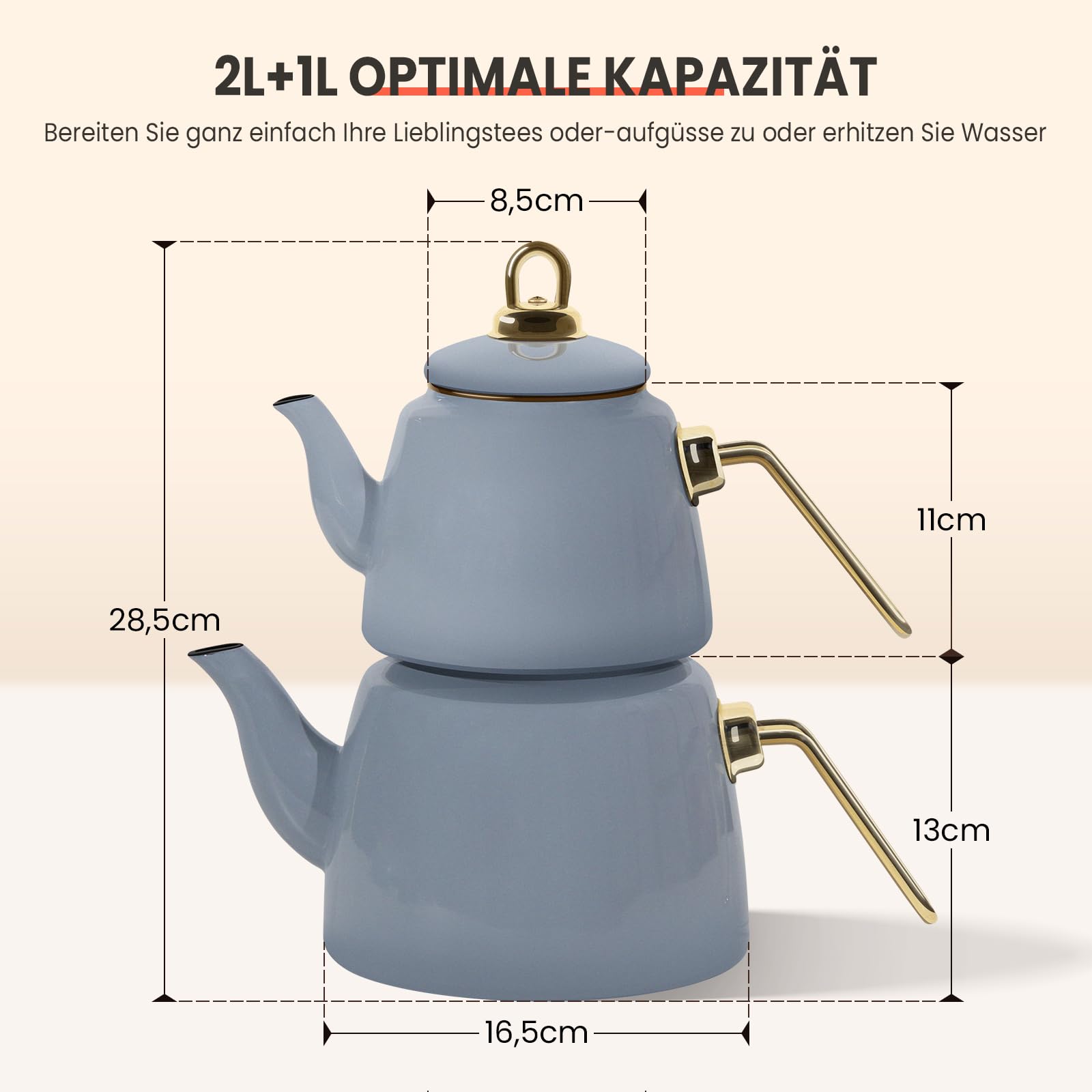 Homelux Teekanne Set, Wasserkessel Induktion Teekocher aus Emaille, Induktionsgeeignet, 2L+1L, Türkische teekanne, Caydanlik,Hellblau