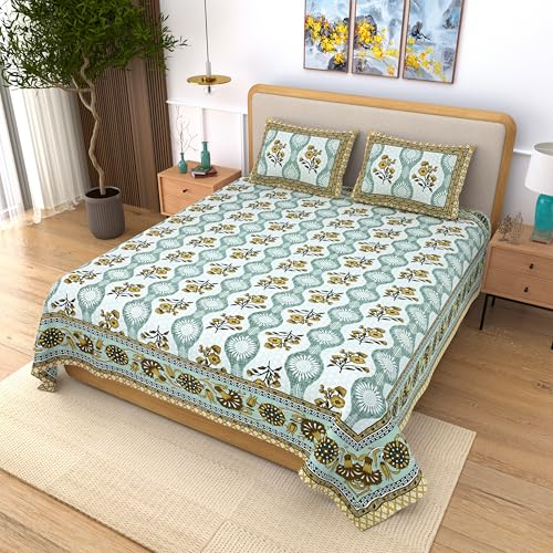 Image of India 100% Pure Cotton Jaipuri Printed Double Bedsheet with 2 Pillow Covers | Traditional Sanganeri Floral Design | Soft Breathable Fabric | King Size Bedsheet for Bedroom (Kaya52)