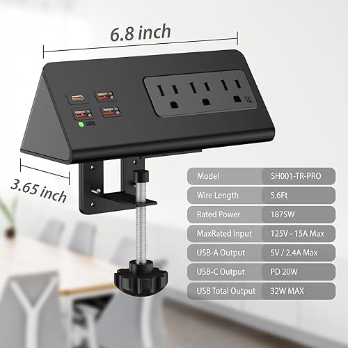 Miniatura 6 de Regletas de alimentación con abrazadera para borde de escritorio con 4 puertos USB (1 puerto PD de 20 W USB-C) y 3 salidas de CA, protector de
