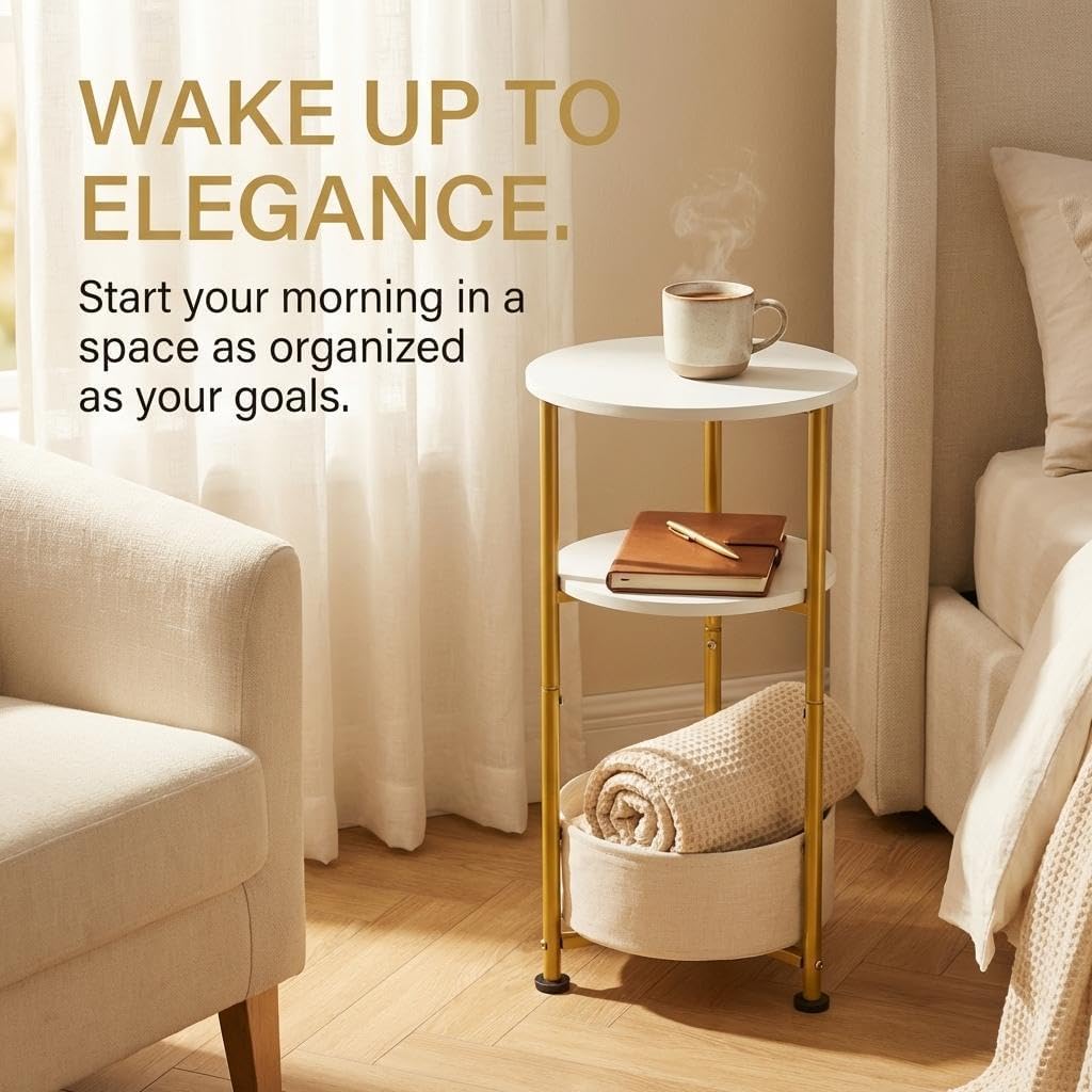 Small Round Side Table with Storage Basket, 3-Tier Narrow End Table Nightstand for Living Room Bedroom, 11.8" Diameter Modern Bedside Table for Small Spaces, Wood Grain & Metal Frame (White & Gold)