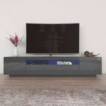 Meble Furniture Miami 200 TV Stand 72x20x22 in Dark Grey Rectangular Media Console with Storage Cabinets and LED Lights