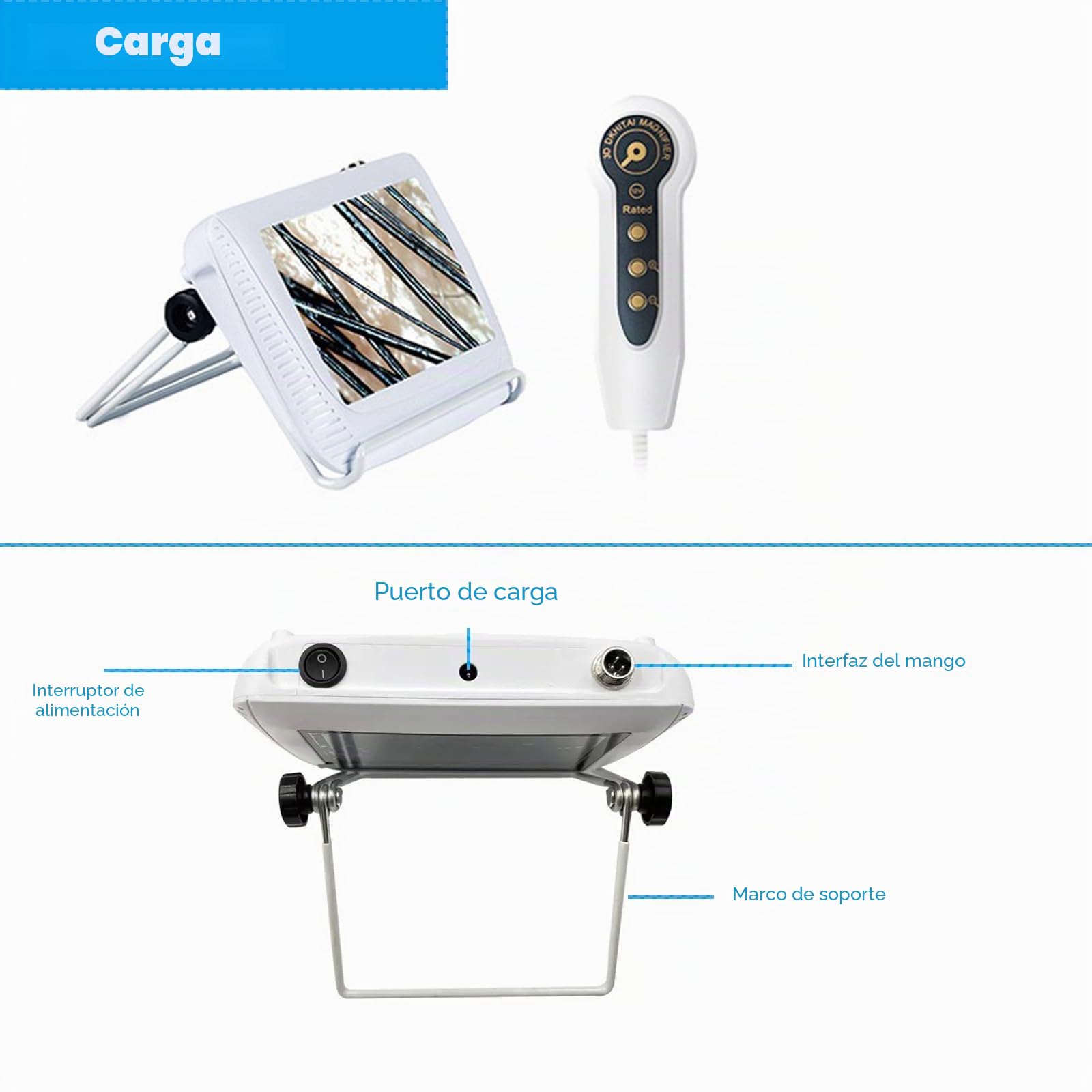 Cámara para el análisis del Cuero cabelludo, 5" HD, Recargable, con microscopio para el diagnóstico Profesional de la Salud Facial y de los folículos pilosos. Ideal para el hogar, salón de Belleza y