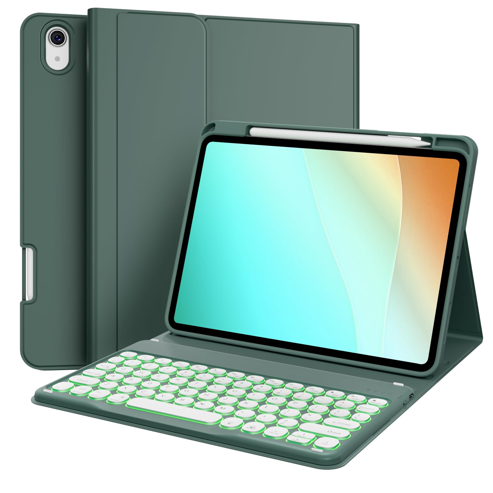 KenKe for ipad (A16) 10th/11th Generation case with Keyboard (10.9/11 inch) 2022/2025, Soft TPU Back with Pencil Holder, 7 Colors Backlit Detachable Folio Keyboard case, Auto Sleep/Wake, Dark Green