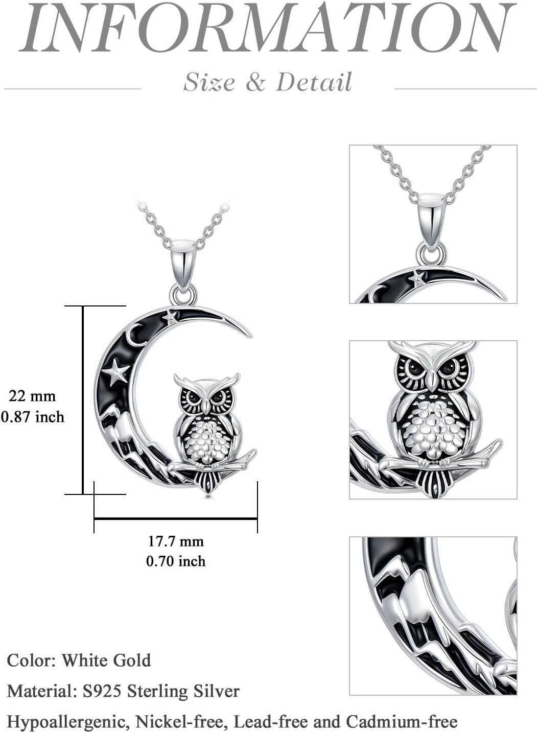 WINNICACA Gothic Jewelry Black Cat Wolf Raven Owl Pendant Necklace 925 Sterling Silver Crescent Moon Necklace for Women Black Jewelry Gifts for Women Halloween Birthday Gift - Image 4