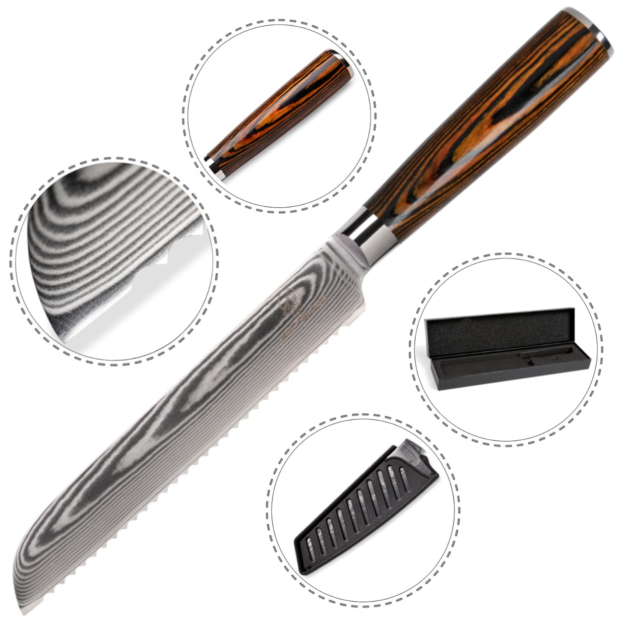 Wolfblood Damastmesser Brotmesser XL (32 cm) TÜV geprüfter 62 HRC Damaststahl aus 67 Lagen mit Wellenschliff I Damast-Brotmesser I Profi Küchenmesser mit Holzgriff Geschenkbox und Klingenschutz
