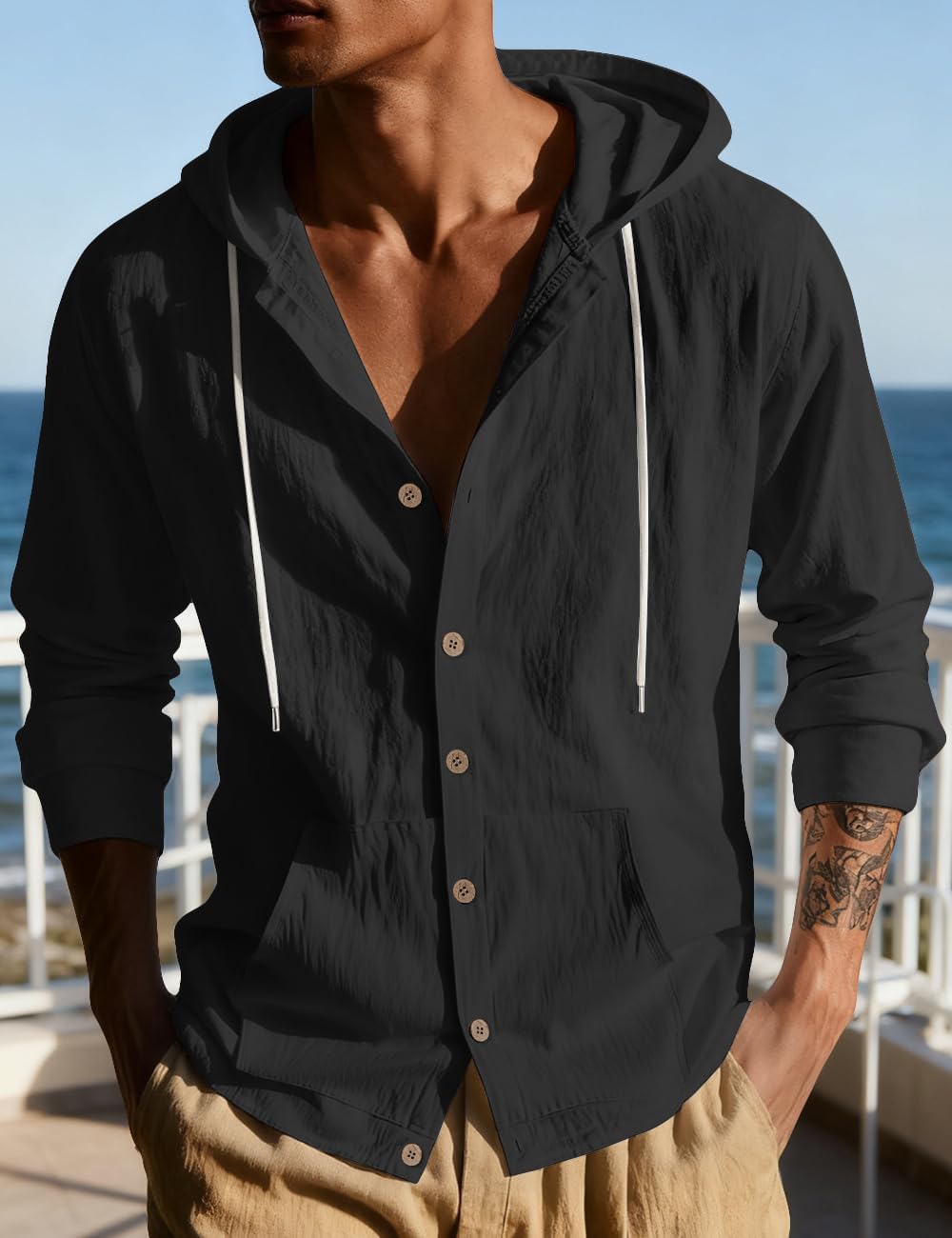 Linen Shirts for Men Casual Long Sleeve Button Down Shirts with Pocket Hoodies Shirt Lightweight Fashion Tops Vacation - Image 3