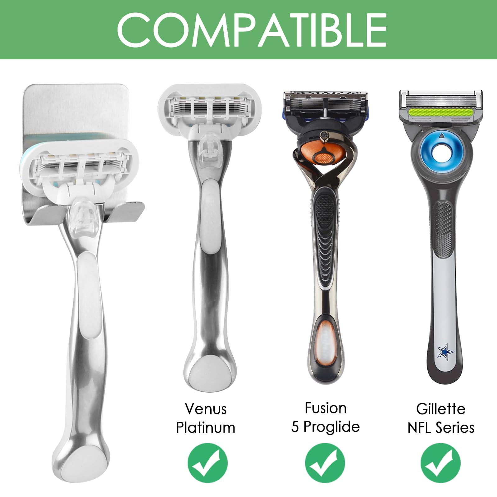 Linkidea - Confezione da 2 porta rasoio da doccia, gancio autoadesivo impermeabile in acciaio inox, senza fori, presa salda, compatibile con manici Gillette Venus e Fusion5 (argento)