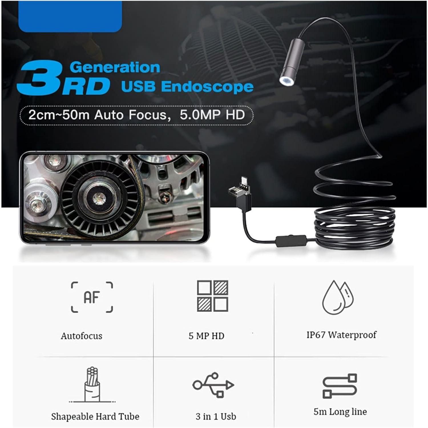 内視鏡カメラ 5.0MP 3 in 1 USB オートフォーカス 内視鏡カメラ 2594x1944P IP67 オートフォーカス 工