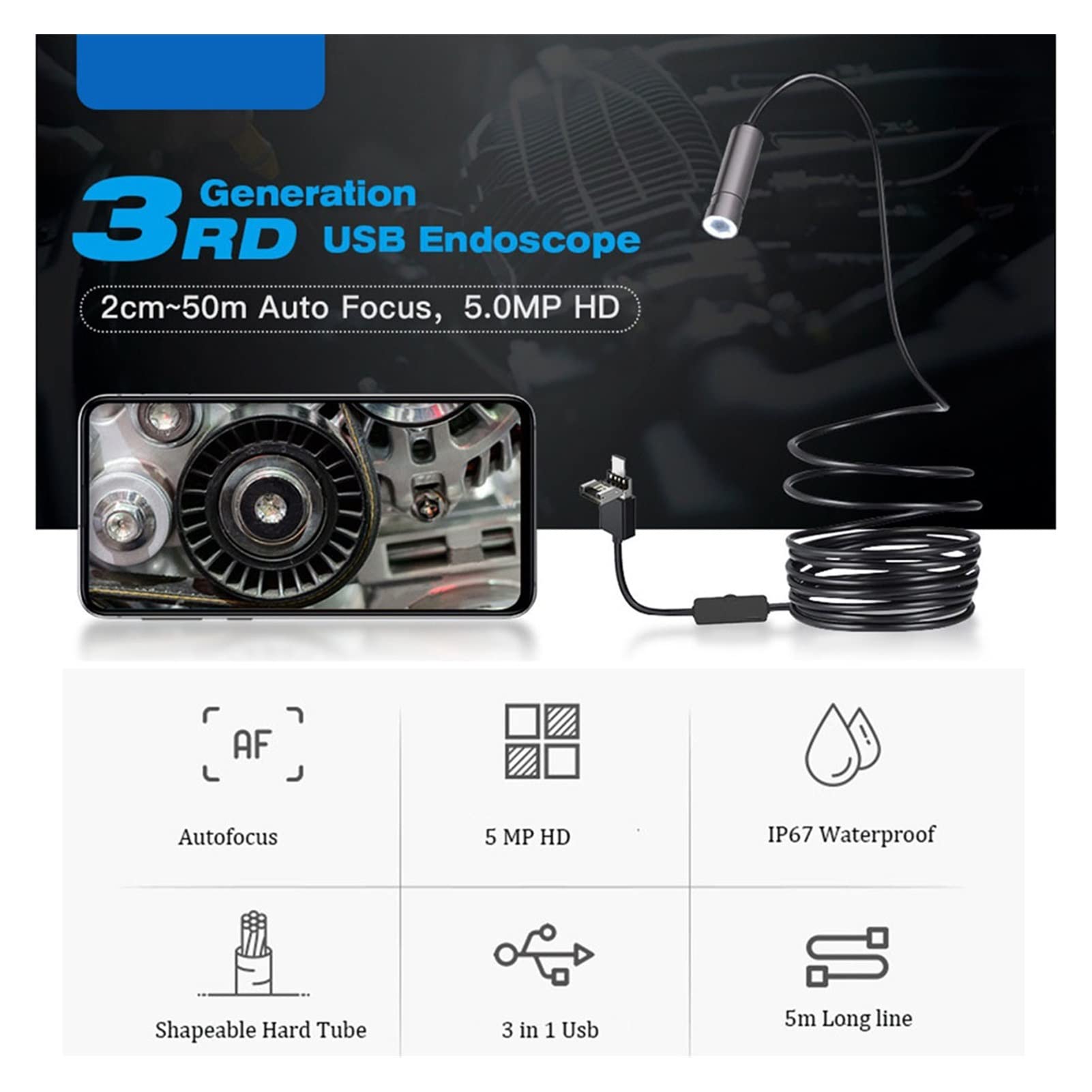 Kamera endoskopowa, 5. 0mp 3. W 1 USB autofokus endoskopekamera 2594x194 4P IP67. Auto Focus Industrial BorScope Hard Drut Camera Inspection