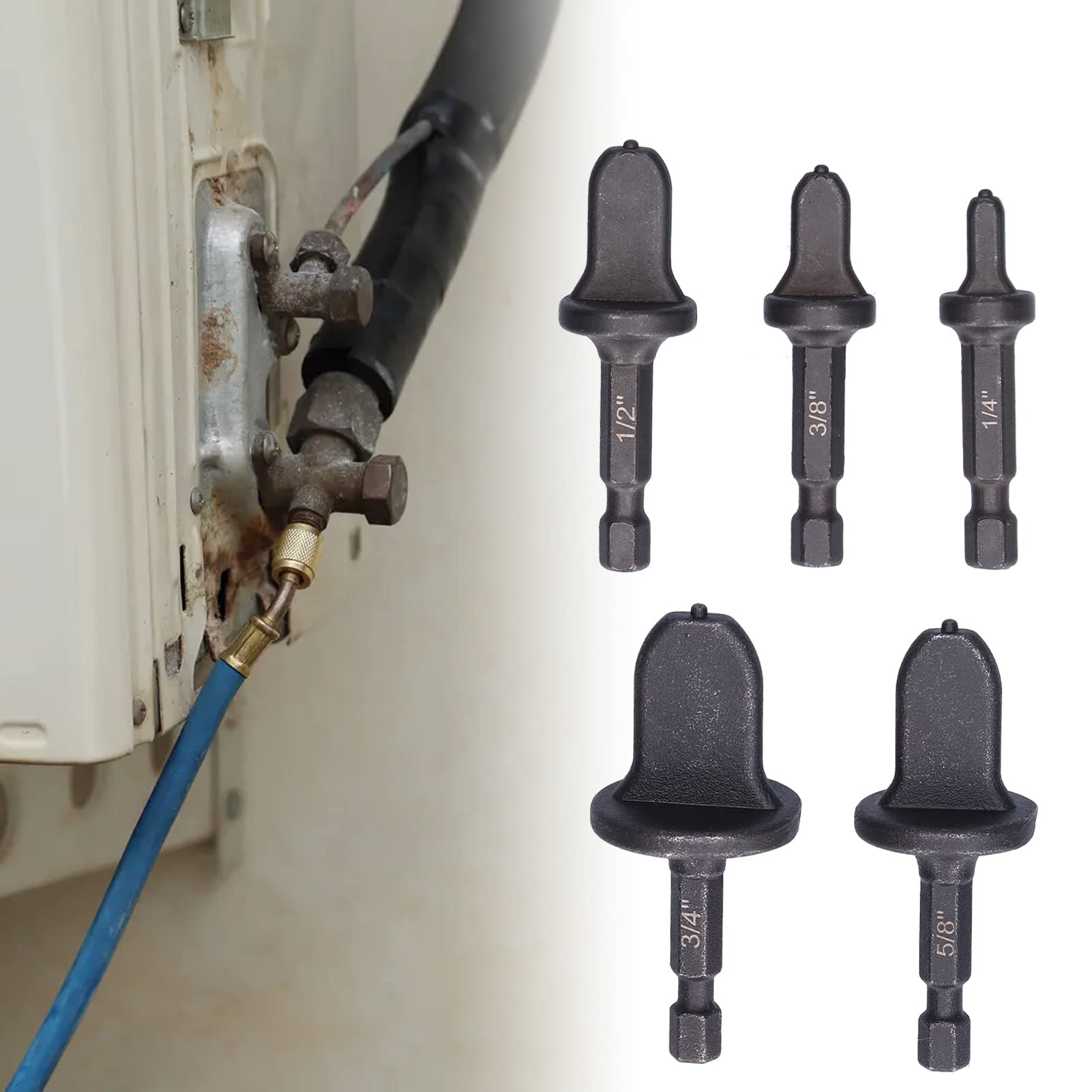 Tube Expander Set High Carbon Steel 5Pcs Swaging Bits, Various Sizes 1/4in Hex Handle for Copper Tube Expand Device, for Air Conditioner