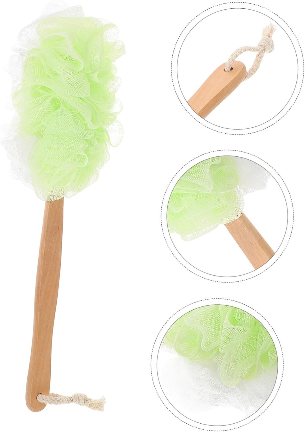 VALICLUD Back Scrubber Wooden Handle Soft Mesh Exfoliating Bath Brush for Shower Gentle Cleaning Tool for Body and Back Green White