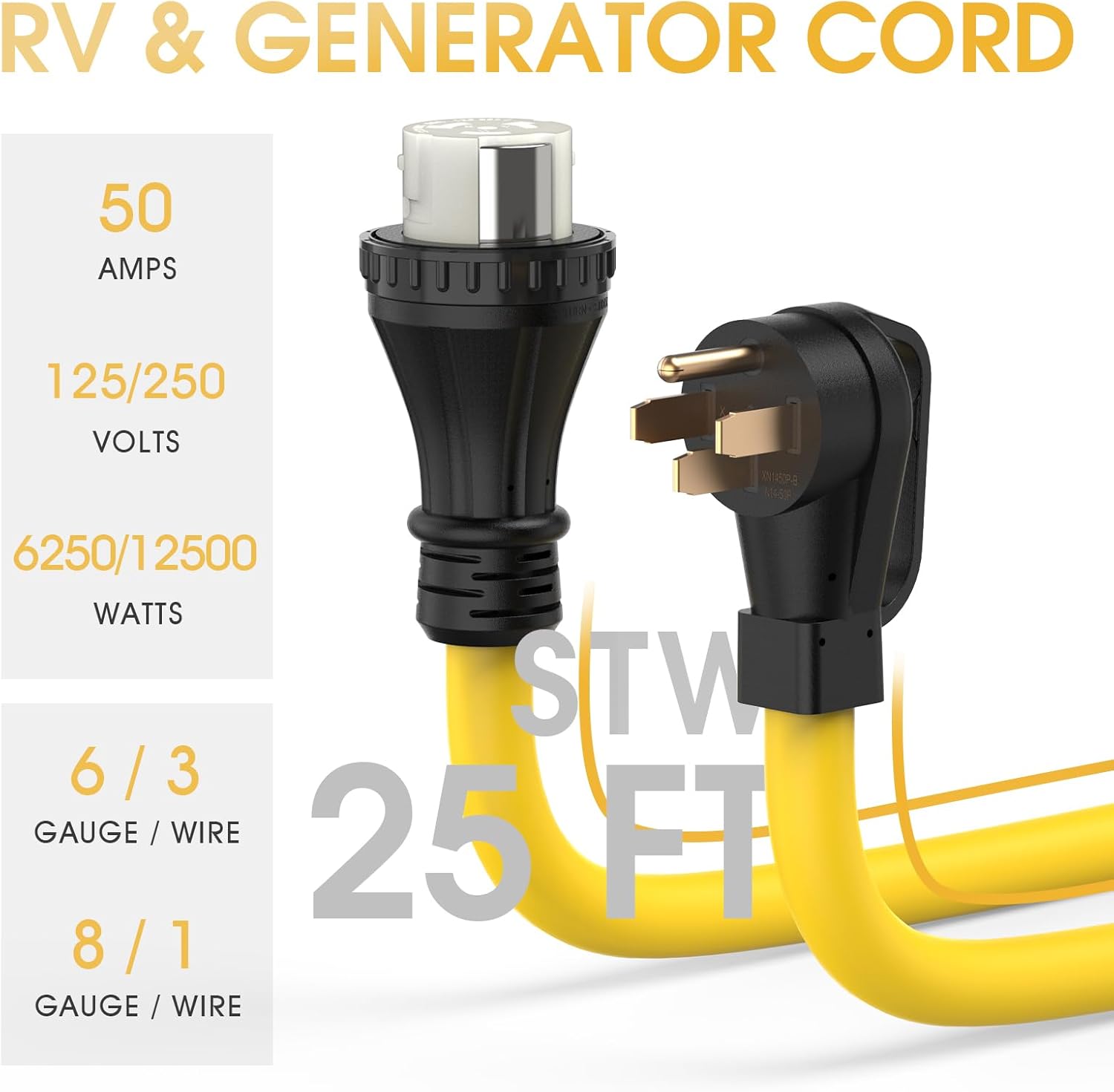 TOOLIOM 50 Amp Generator Cord, NEMA 14-50P/SS2-50R Twist Lock 50 AMP for RV, 125/250V 12500W 6/3+8/1 AWG STW Generator Extension Cord, ETL Listed (25FT)