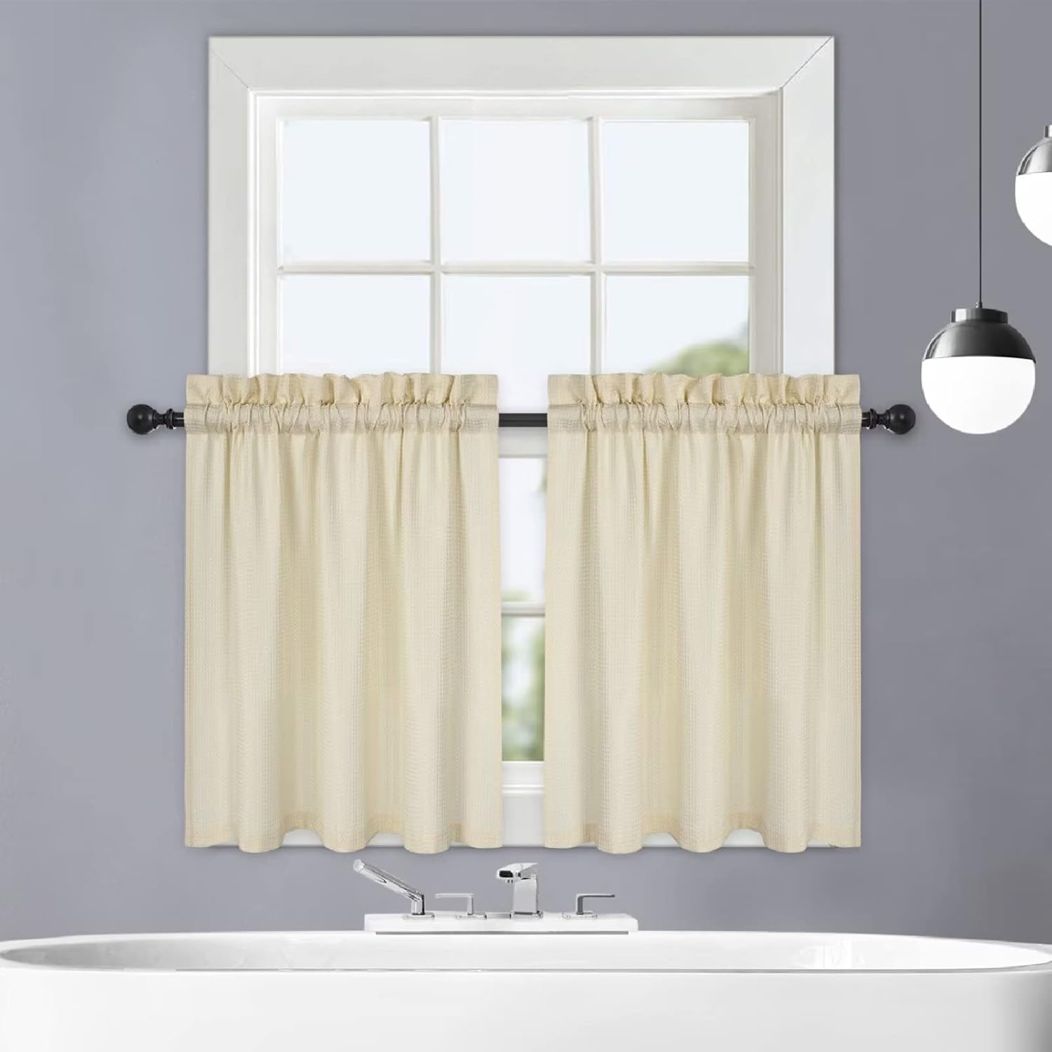 GlowSol Cafe Window Curtains 36 Inches Length Window Curtains Waffle Woven Tier