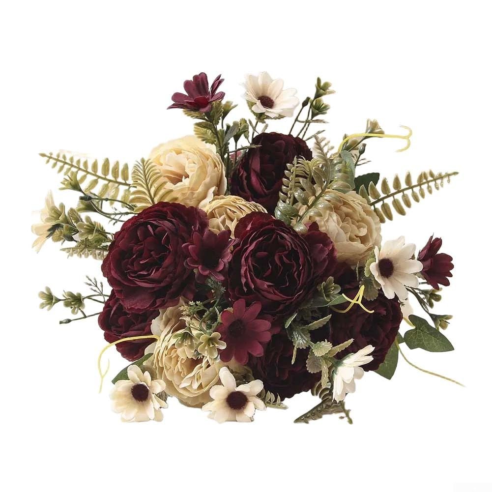 Feeshoppher Artificial Flower Bouquet with Peony and Rose Realistic Plastic Faux Flowers UV Resistant for Home Wedding Party Office Indoor Outdoor Table Centerpiece Decor in Pink La(Burgundy)
