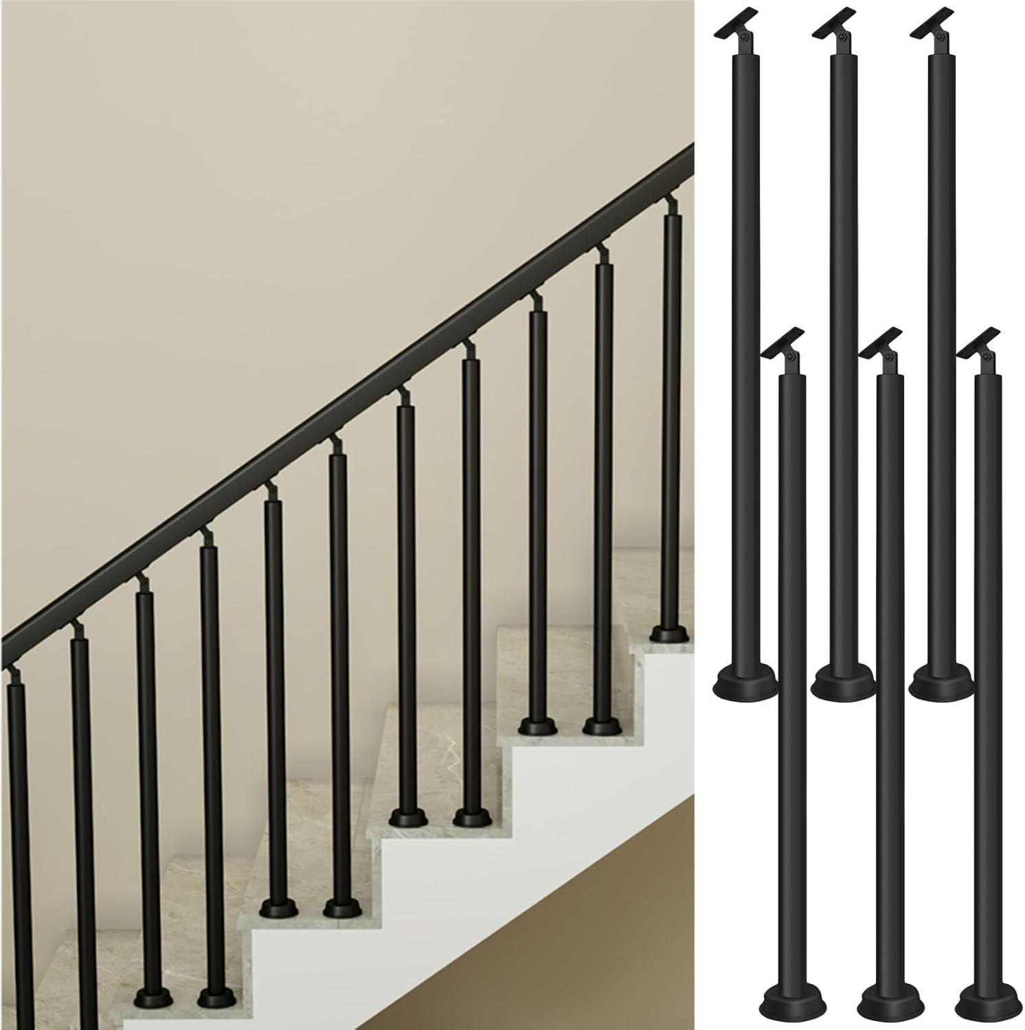 Round Spindles for Staircase, 2 4 6 Pieces Modern Iron Stairs Balusters Interior Porch Balcony Stairway Banisters Post/ Column with Slant 270° Swivel Top Bracket & Screws, Floor Platform Mounted(Black