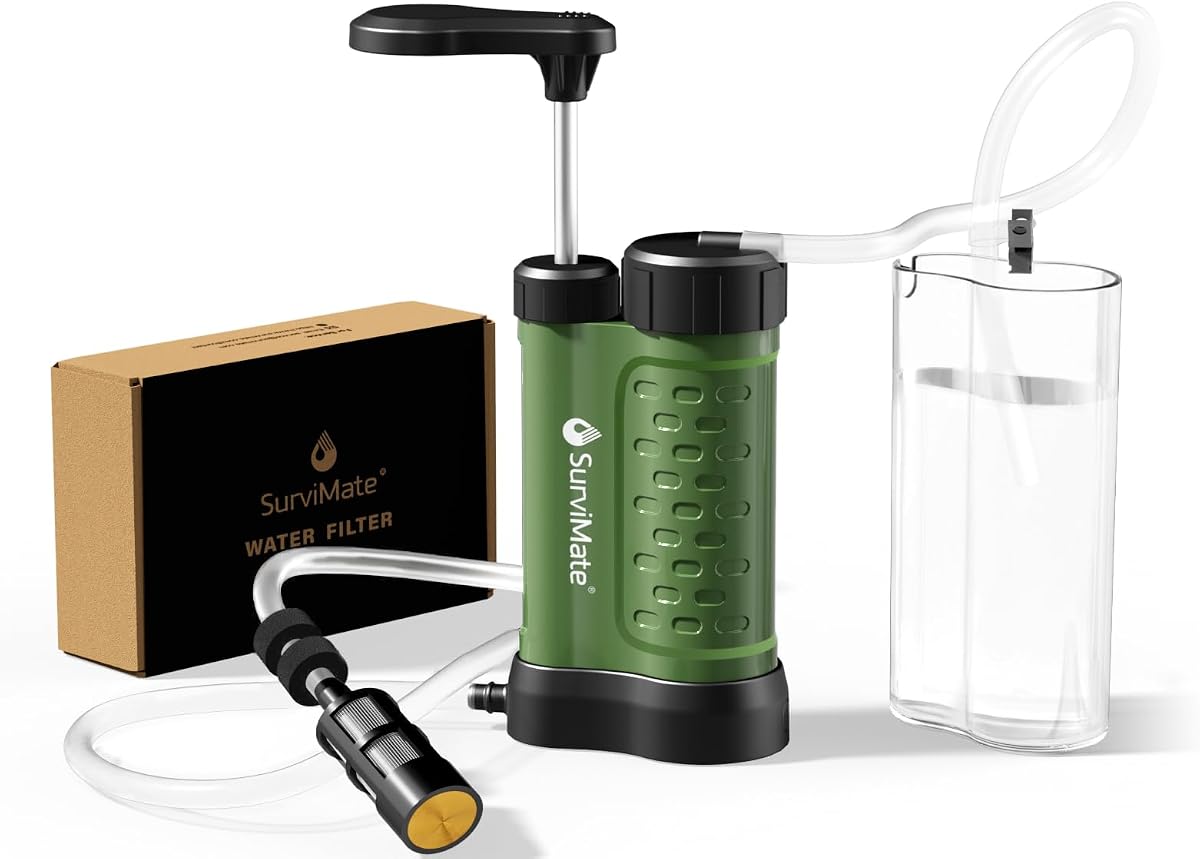SurviMate Bomba de supervivencia para purificador de agua, sistema purificador de agua de 5 etapas de 0,01 micras, filtro de agua de bomba manual, emergencia portátil para exteriores, camping, senderismo, mochilero