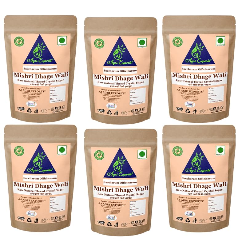 AJ AGRI EXPORTS Rock Sugar - Rock Sugar Crystals for Natural Sweetening in Beverages, Desserts, and Confectionery | Non-GMO (200 Gram) (Pack of 6)