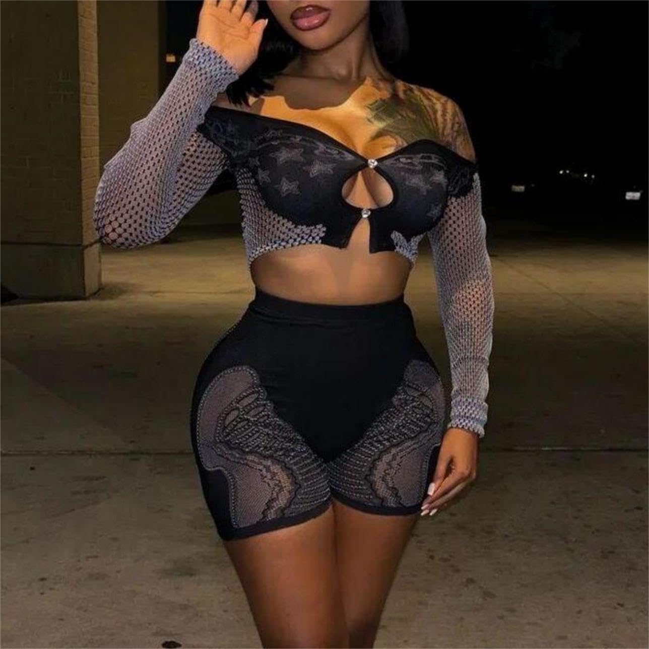 WE OWN Women Long Sleeve Jumpsuit Shorts Bodysuit Bodycon Sexy One Piece, Sexy Hollowing Out Bodysuit Short Jumpsuit Pants (Light Brown, S), Small: Sexy Hollowing Out Fashionable And Sexy Women's Two-piece Streetwear