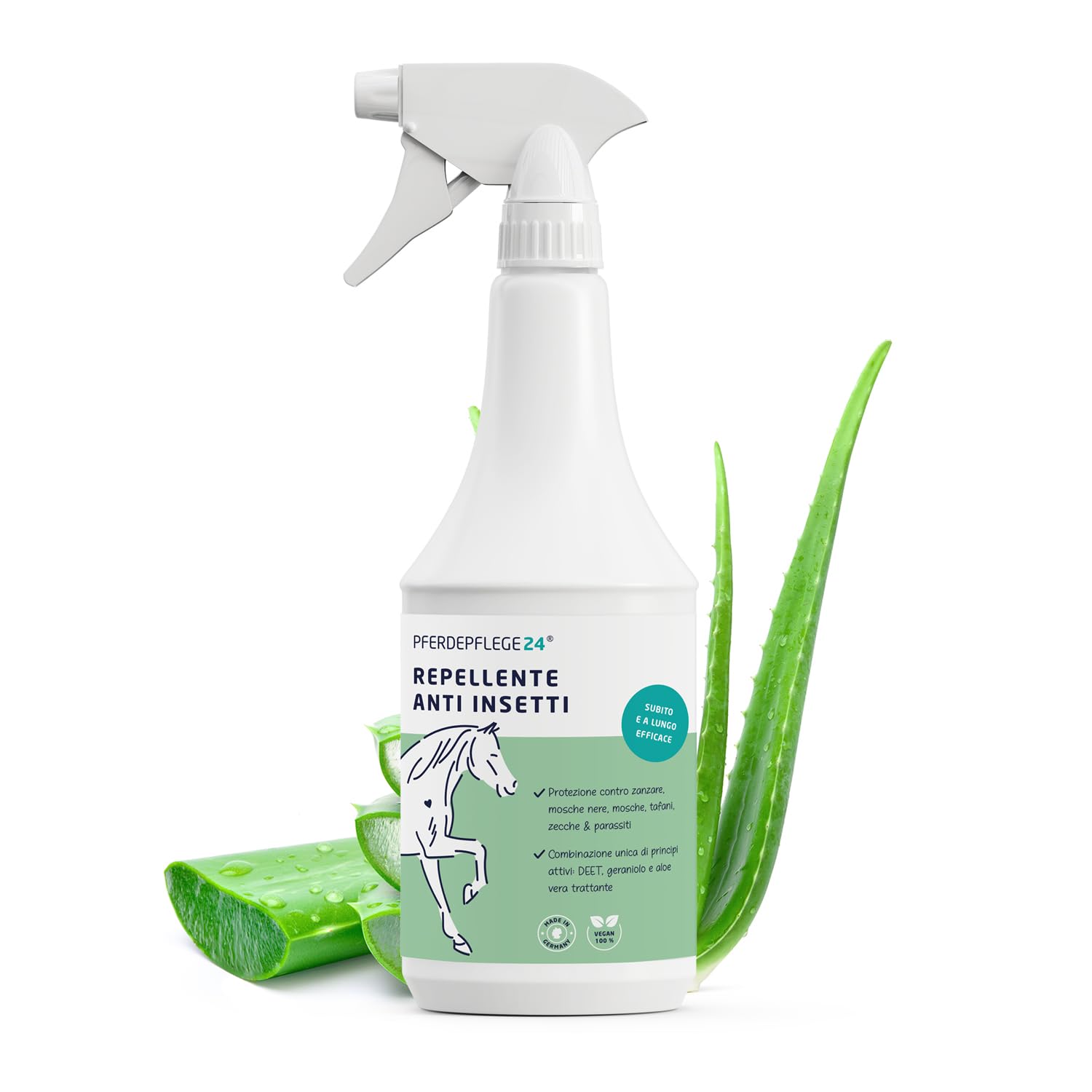 PFERDEPFLEGE24 Repellente Insetti Cavallo Spray 1l - Protezione immediata, con Aloe Vera trattante - Effetto di Lunga Durata Contro tafani, zanzare, Mosche e zecche - antimosche Cavalli
