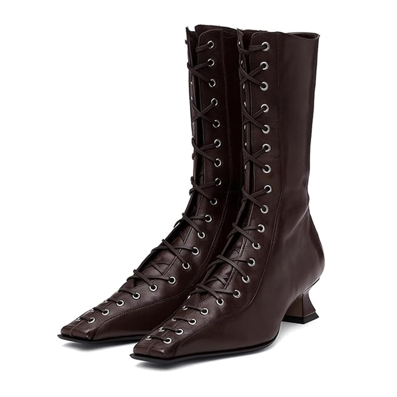 UniqueStride Womens Lace up Mid Calf Boots Pointed Square Toe Kitten Heel Vintage Witch Granny Booties Cosplay Costume