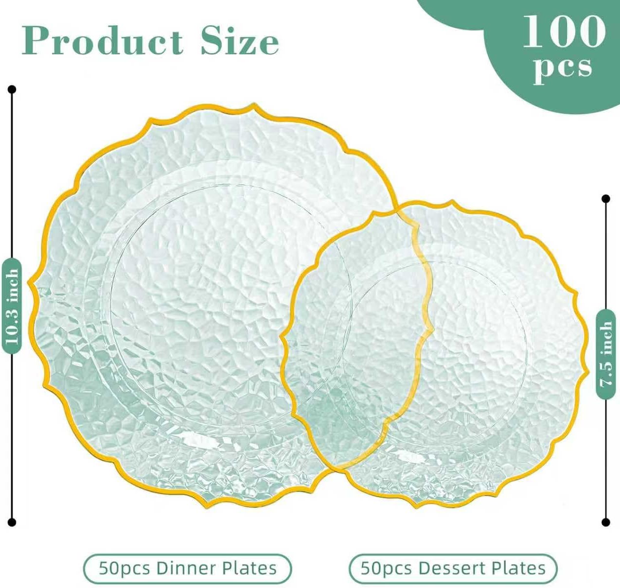 100 PCS Green Stone Texture Plastic Plates, Disposable Plates with Gold Rim, Heavy-duty Clear Plastic Plate Include 10" Dinner and 7" Salad Plate for Party and Wedding - Image 2