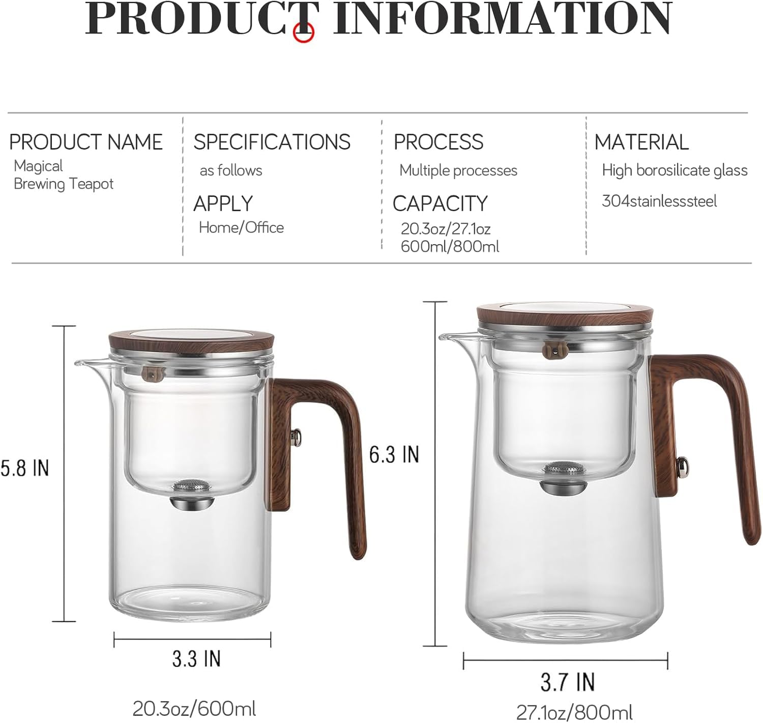 Enchanti Cristal Tetera Mágica Dispensadora con Llenador de Agua y Estrainer, Tetera Magnética para Té en Flor y Hojas Sueltas (600ml)