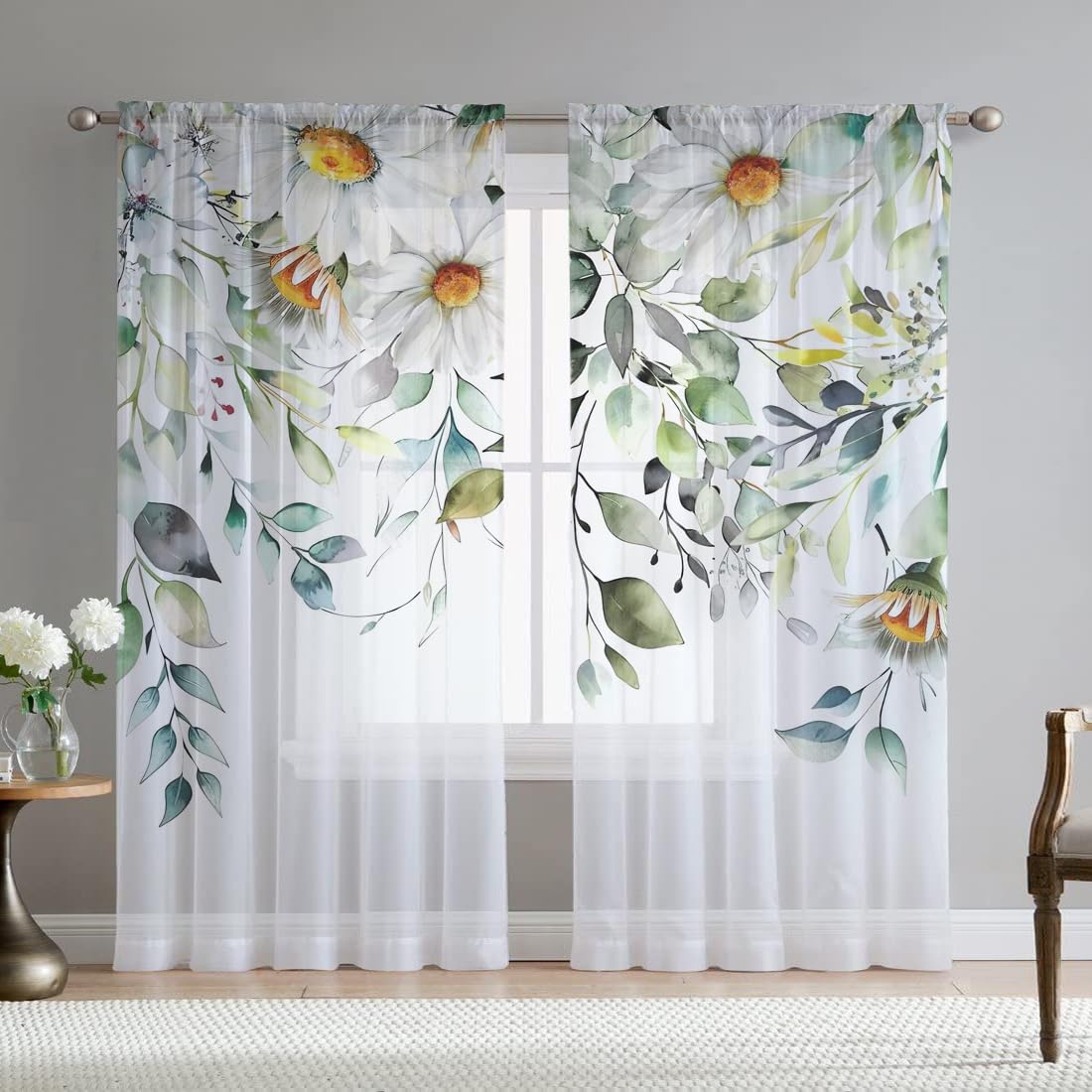 Fereyis Yellow Flower Sheer Curtains for Living Room 84 inch Length 2 Panels Set Elegant Sunflower Spring Printed Window Curtain Chiffon Drapes for