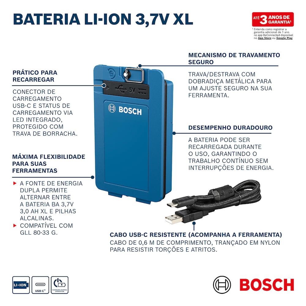 Bosch Professional BA 3,7 V 3,0 Ah XL akumulator litowo-jonowy (bezpieczny mechanizm blokujący, port ładowania USB-C, Dual Power Source)