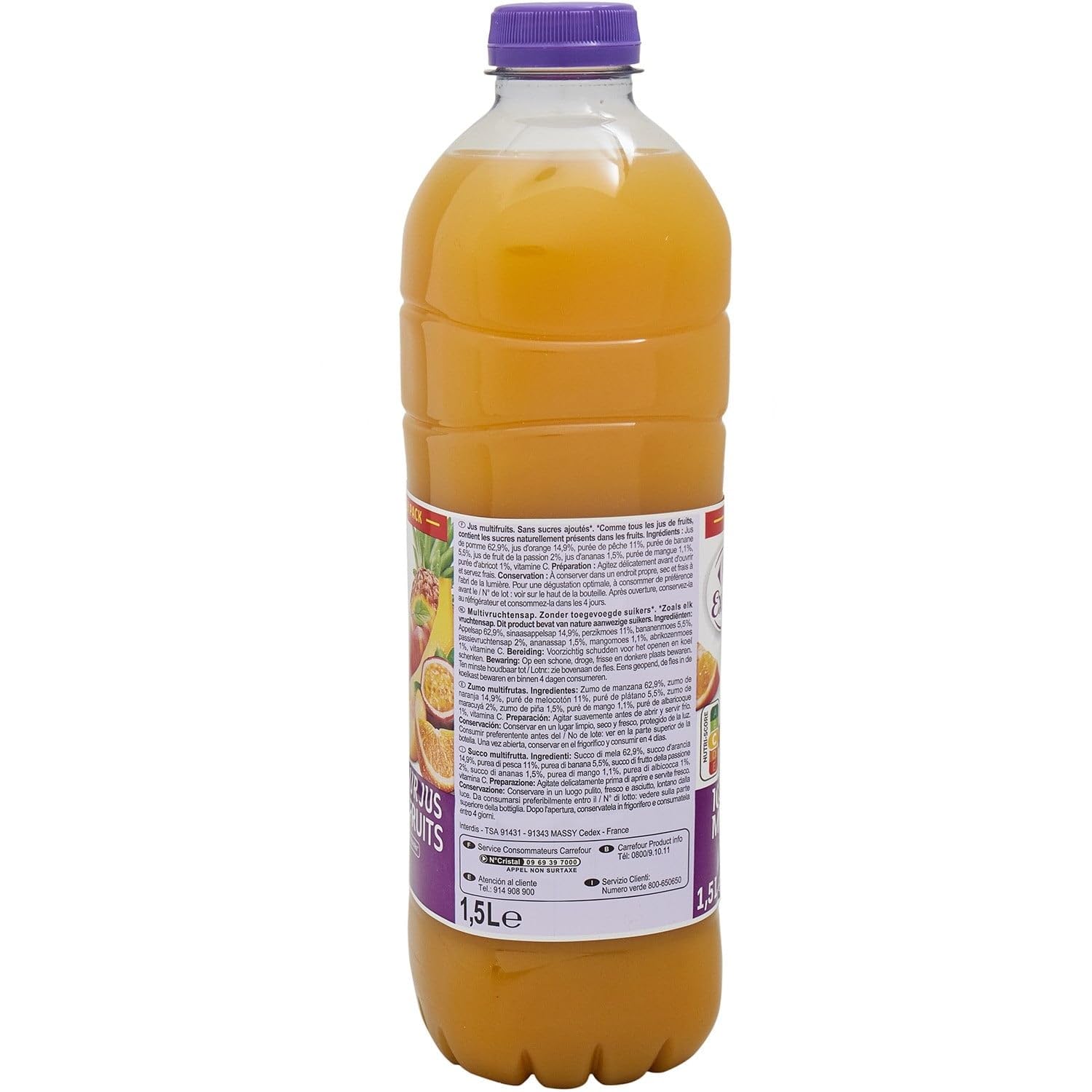 CARREFOUR EXTRA Jus Multifruits 100% Pur Jus - Sans Sucres Ajoutés - Bouteille 1,5L - Mélange de 8 Fruits (Pomme, Orange, Pêche, Banane, Fruits de la Passion, Ananas, Mangue, Abricot) - Lot de 4