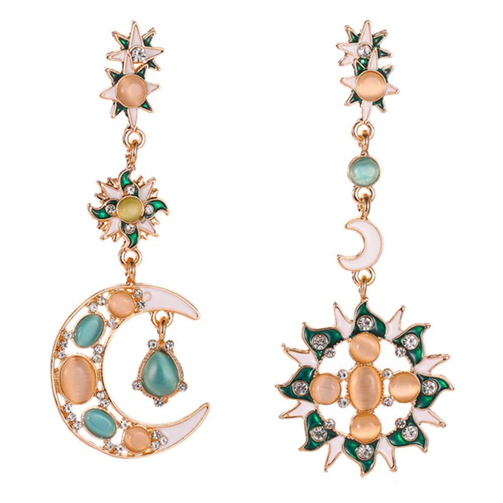 Opal Dangle Earrings, Elegant Moon Sun Crystal Drop Earring Long Pendant Ear Studs Earrings Statement Jewelry for Women Ladies Gifts Gold