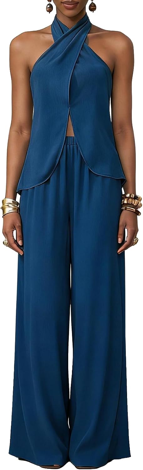 THLAI Womens 2 Piece Linen Outfits Sleeveless Halter Wrap Vest Top and High Waisted Wide Leg Pants Casual Streetwear