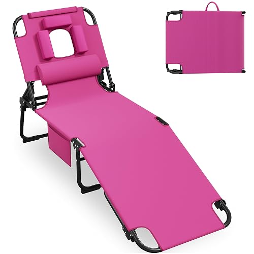 400lbs Tanning Chair with Face Hole, 5-Position Folding Chaise Lounge