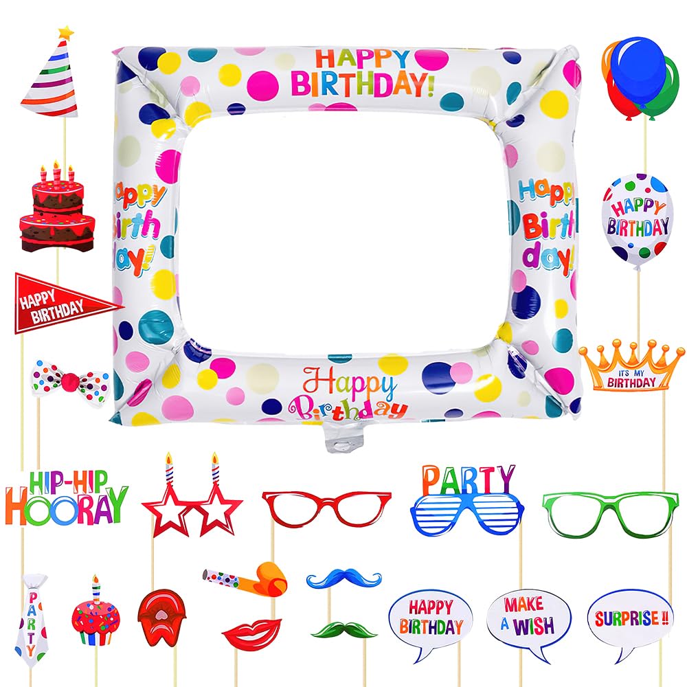 23PCS Colorful Photo Booth Props for Birthday Party - Selfie Frame with Balloons Props - Durable Thick Cardboard & Aluminum Foil Photobooth Accessories Kit