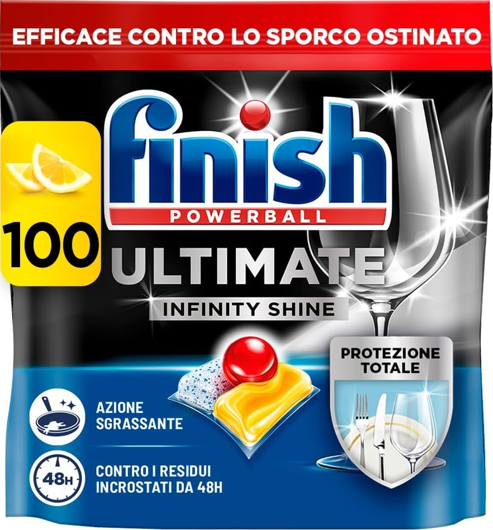 Finish Ultimate Infinity Shine Pastiglie Lavastoviglie, 100 Capsule Lavastoviglie al Limone, Pastiglie per Lavastoviglie contro lo Sporco e i Residui Incrostati