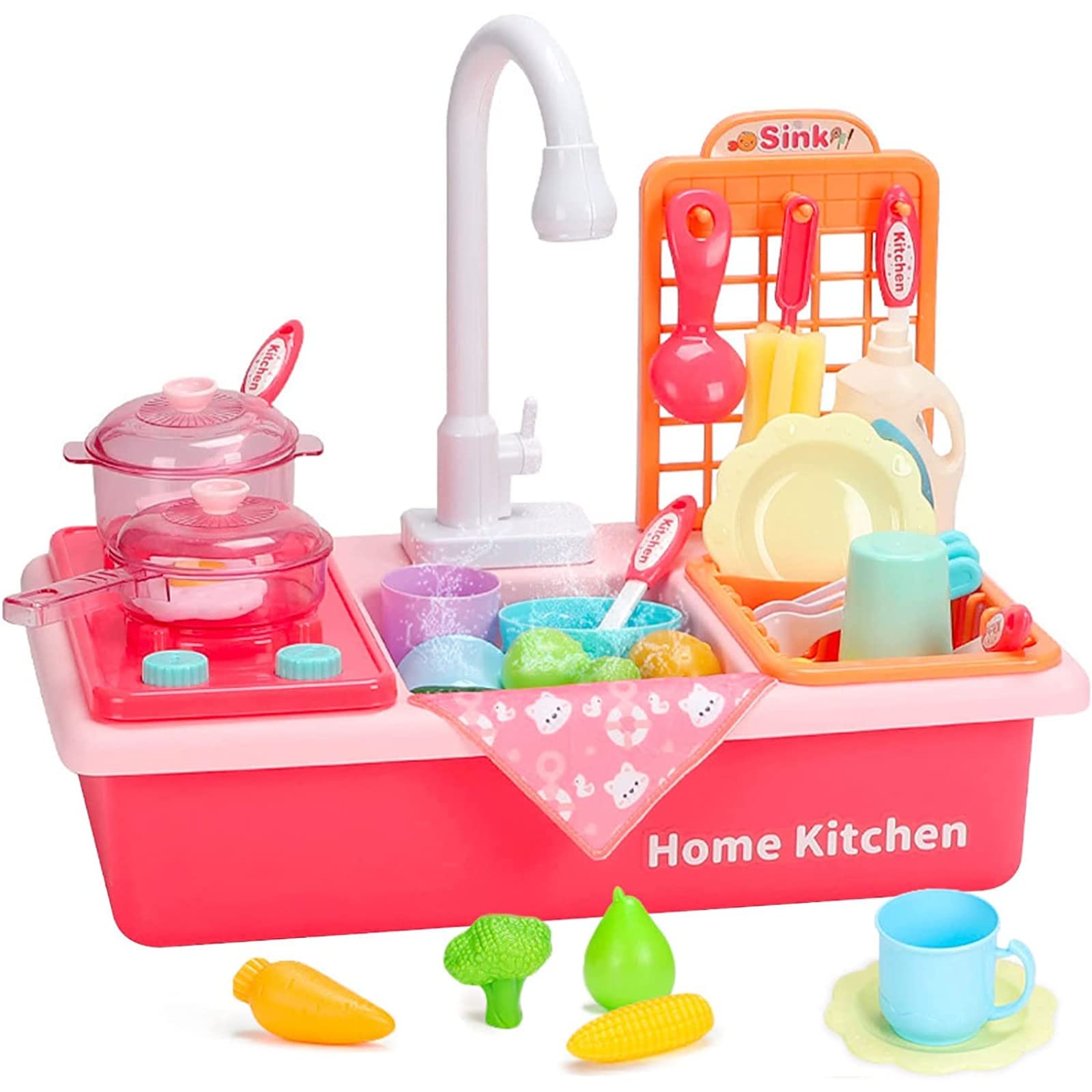 PYEBEPretend Play Kitchen Sink Toys with Play Cooking Stove, Pot and Pan with Spray Realistic Light and Sound, Dish Rack & Play Cutting Food, Utensils Tableware Accessories for Kids Toddlers (Pink)
