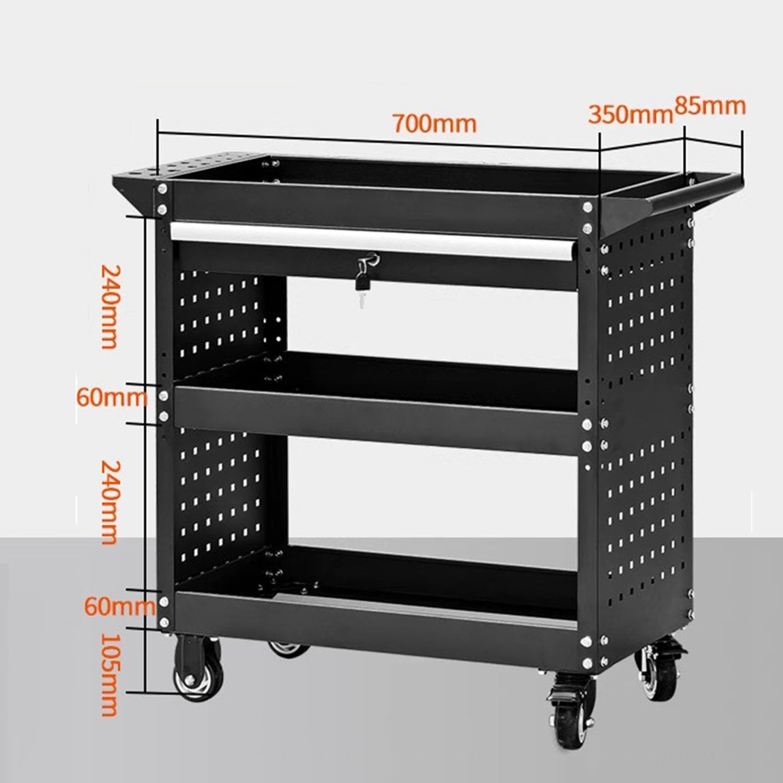 Carrello portautensili industriale in acciaio resistente con cassetto e pannello forato, organizer mobile per garage meccanico, carrello portautensili da lavoro